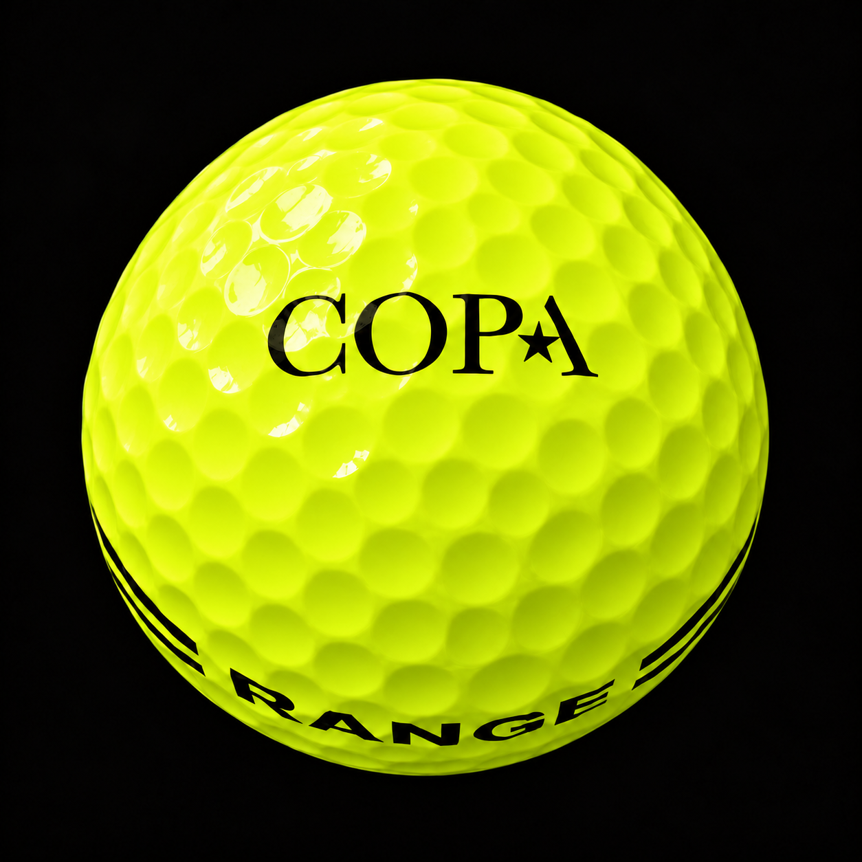 Neon-yellow range ball with twin black stripes, RANGE lettering and the COPA logo