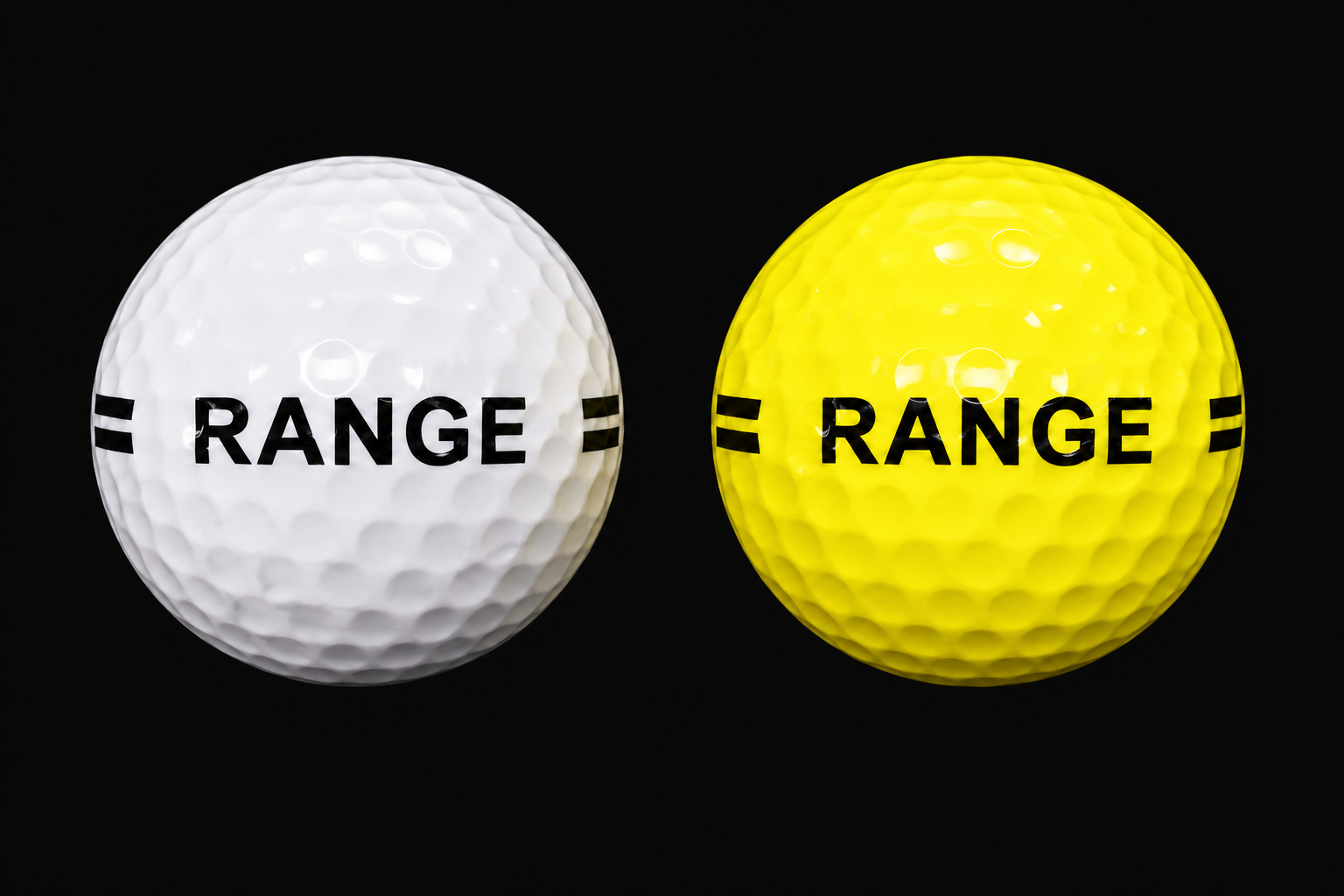 White and neon-yellow range balls with RANGE printed between interrupted twin black stripes